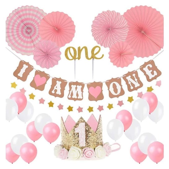 Zestaw balonów urodzinowych na roczek dla dziewczynki - różowy HEDO