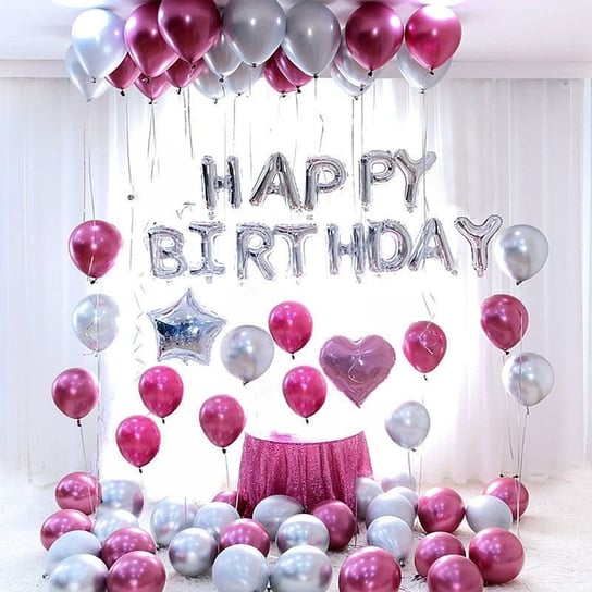 Zestaw balonów urodzinowych - srebrno - różowy 85 szt. HEDO
