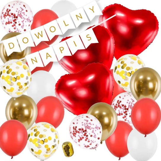Zestaw Balonów Walentynki Czerwony+Złoty Baner Dowolny Napis Serca OCHprosze