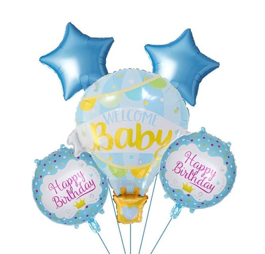 Zestaw balonów "Welcome baby" niebieski, BABY SHOWER, 5 el. Miś Gustaw