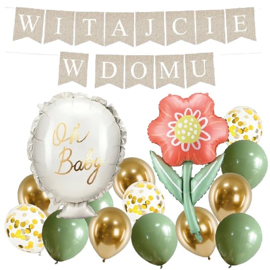 ZESTAW balonów WITAJCIE W DOMU - boho - balony oliwkowe + balonik + KWIAT DLA MAMY beżowe powitanie dziecka Inna marka