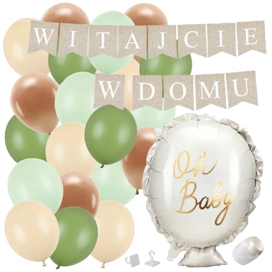 ZESTAW balonów WITAJCIE W DOMU kraft - oh baby + balony zielone WITAJ boho powitanie dziecka OCHprosze