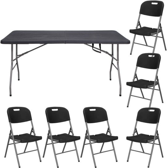 Zestaw cateringowy, stół 180 cm z 6 krzesłami składany na bankiet, zestaw turystyczny czarny Springos