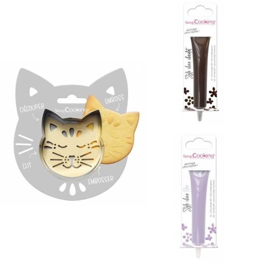 Zestaw ciasteczek z tłoczonym kotem + 2 długopisy z czekolady brązowej i liliowej Scrapcooking