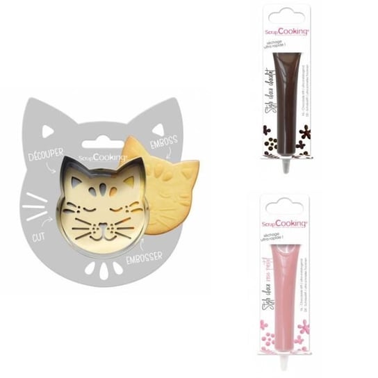 Zestaw ciasteczek z tłoczonym kotem + 2 długopisy z czekolady w kolorze brązowym i pastelowo różowym Scrapcooking