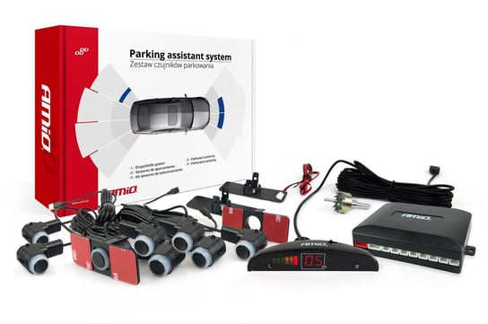 Zestaw czujników parkowania cofania led 8 sensorów czarne wewnętrzne 16,5mm Amio