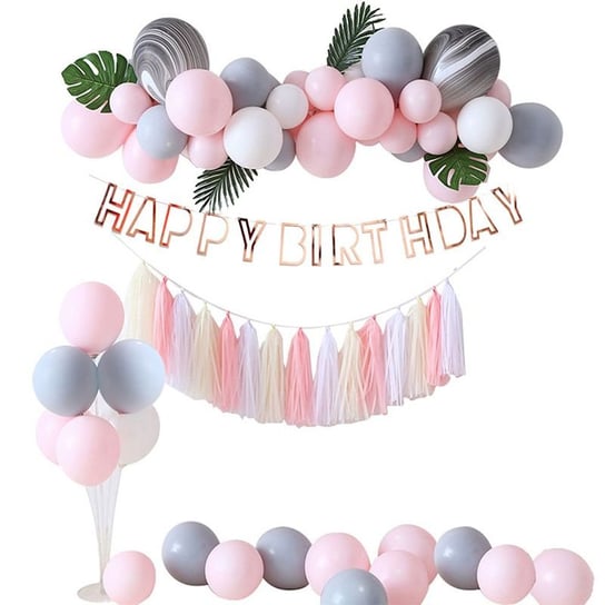 Zestaw dekoracji, balonów urodzinowych - różowo szary 100 elementów HEDO