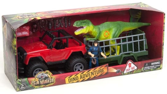 Zestaw dinozaur, pojazd z przyczepą, figurka myśliwego Savage Dino Adventure dźwięk Boley
