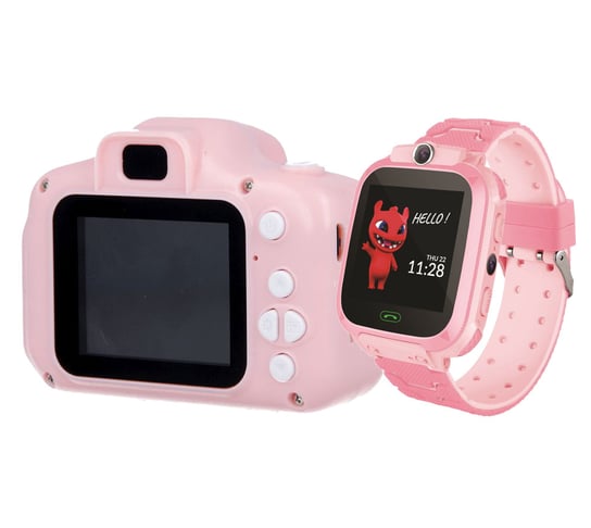 Zestaw dla dzieci kamera aparat Forever Smile SKC-100 + zegarek smartwatch Maxlife Kids Watch MXKW-300 różowy Forever