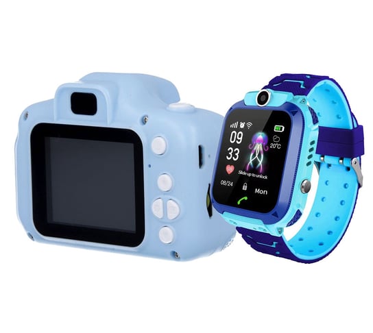 Zestaw dla dzieci kamera aparat Forever Smile SKC-100 + zegarek smartwatch Q12 niebieski Forever