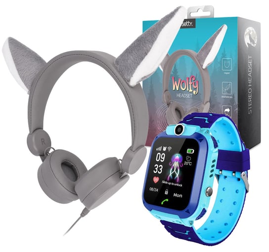Zestaw dla dzieci zegarek smartwatch Q12 niebieski + słuchawki nauszne Setty Wolfy Forever