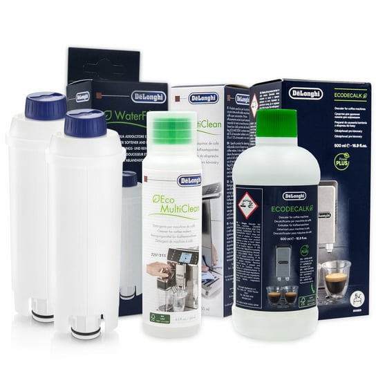 Zestaw Do Delonghi, Filtr DLSC002 2 szt, Płyn SER3013 250 ml, Delonghi EcoDecalk 500ml Aqualogis