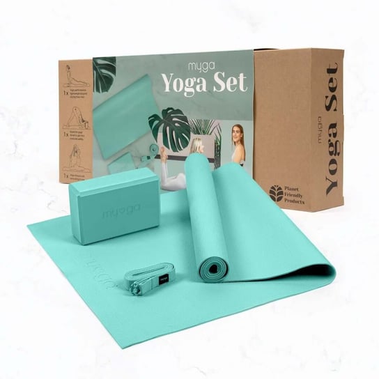 Zestaw do jogi myga Yoga Starter Kit: mata, klocek, pasek - turkusowy Myga