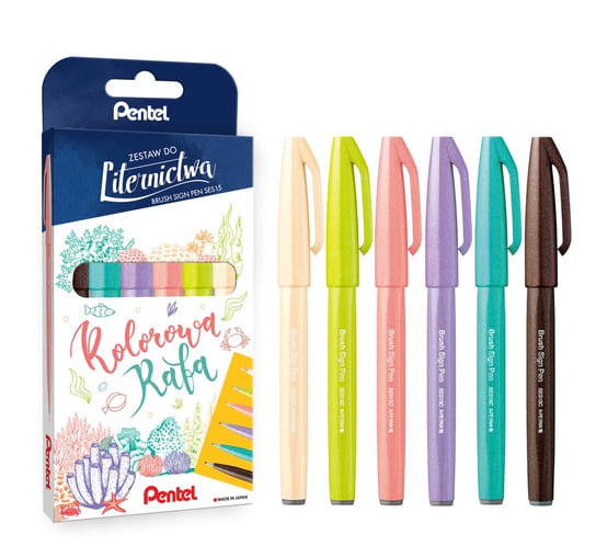 Zestaw do Liternictwa Kolorowa Rafa - Brush Pen x 6 sztuk Pentel