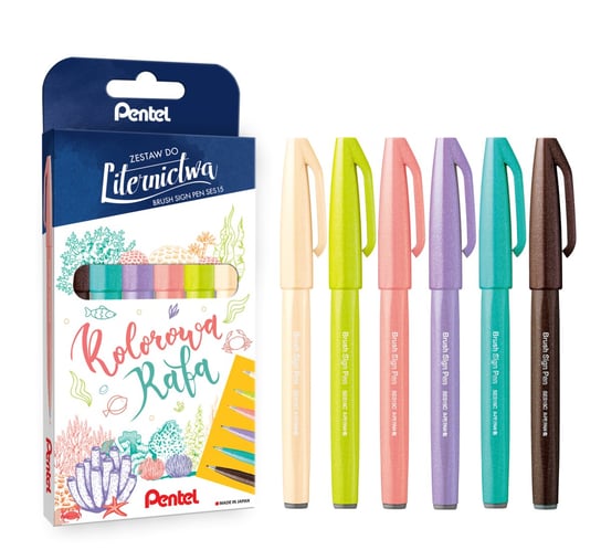 Zestaw do Liternictwa Pentel Kolorowa Rafa - Brush Pen, 6 sztuk Pentel
