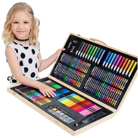 Zestaw Do Malowania Rysowania Dla Dzieci Kredki Mazaki Farby -180 Elementów Drewniana Walizka Inna marka