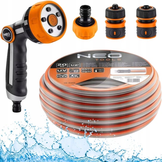 Zestaw do Nawadniania NEO Wąż Ogrodowy Mocny 20m 1/2” + Zraszacz + Złączki Neo Tools