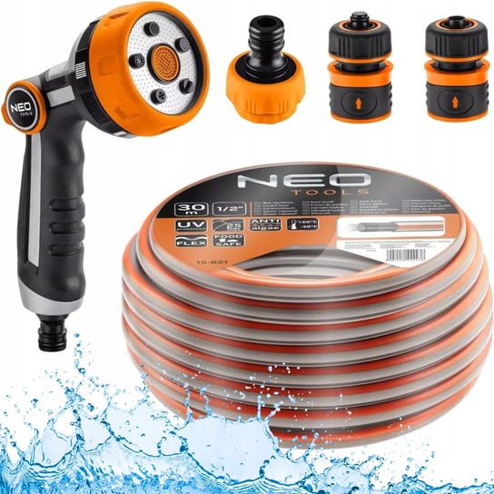 Zestaw do Nawadniania NEO Wąż Ogrodowy Mocny 30m 1/2” + Zraszacz + Złączki Neo Tools