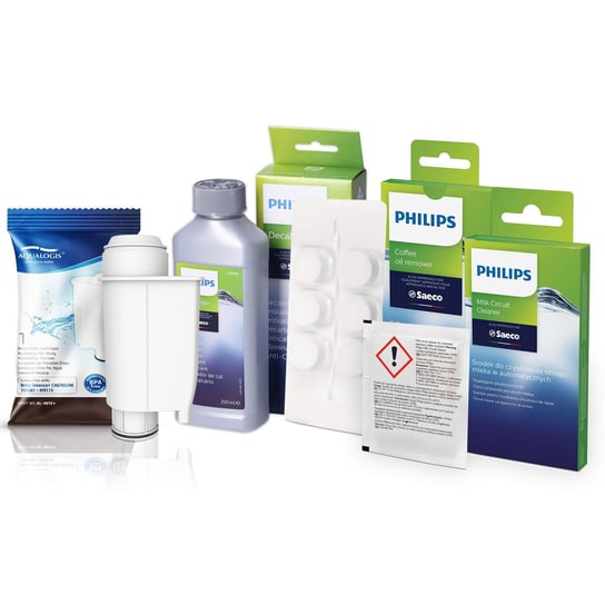 Zestaw Do Saeco Philips, AL-Inte+, Tabletki Czyszczące CA6704/10, Odkamieniacz CA6700/00 250ml, Środek do Obiegu Mleka CA6705/60 Aqualogis