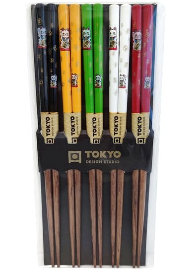 Zestaw drewnianych, kolorowych pałeczek z motywem Maneki-neko 22,5cm - 5 par - Tokyo Design Studio Tokyo Design Studio