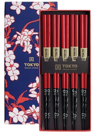 Zestaw drewnianych pałeczek Gift Box Red Black Flower 22,5cm - 5 par - Tokyo Design Studio Tokyo Design Studio