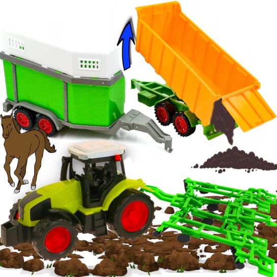 Zestaw Farmerski 3w1 Traktor Z Napędem + Przyczepa Dla Zwierząt, Brona Talerzowa, Przyczepa Do Zboża Inna marka