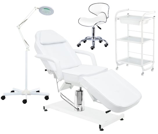 Zestaw fotel kosmetyczny hydrauliczny + taboret z oparciem + pomocnik kosmetyczny + lampa lupa ENZO