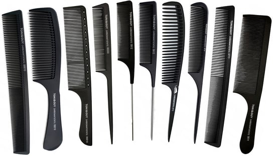 Zestaw grzebieni fryzjerskich do strzyżenia włosów 10 sztuk karbonowe czarne Calissimo