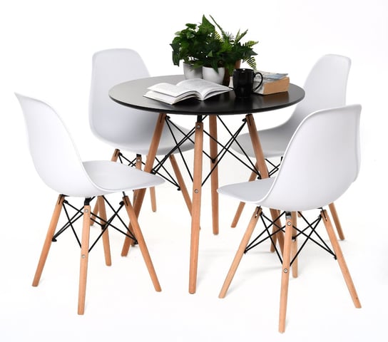 Zestaw jadalniany 4 krzesła białe plus stół okrągły 80 cm czarny HOME INVEST INTERNATIONAL
