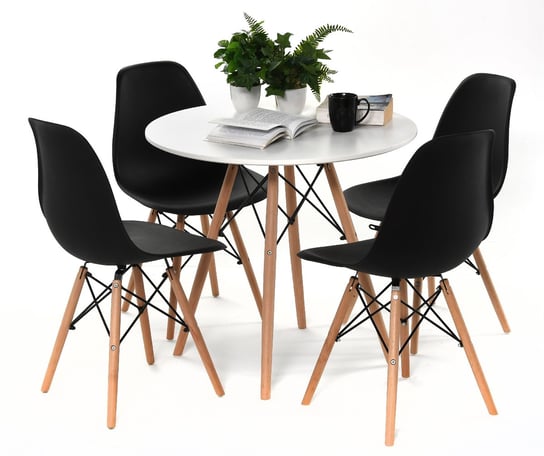 Zestaw jadalniany 4 krzesła czarne plus stół okrągły 80 cm biały HOME INVEST INTERNATIONAL