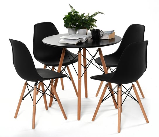 Zestaw jadalniany 4 krzesła czarne plus stół okrągły 80 cm czarny HOME INVEST INTERNATIONAL