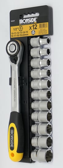 Zestaw - klucz nasadowy (grzechotka) + zestaw 12 nasadek 10-22mm IRONSIDE