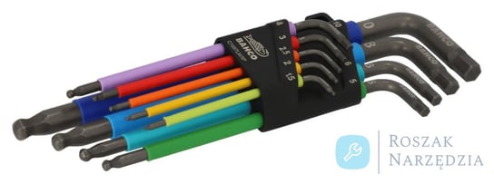 Zestaw kluczy trzpieniowych sześciokątnych kolorowych, zakończonych kulką, długie 1,5 - 10 mm, 9 szt. BAHCO Roszak Narzędzia BAHCO