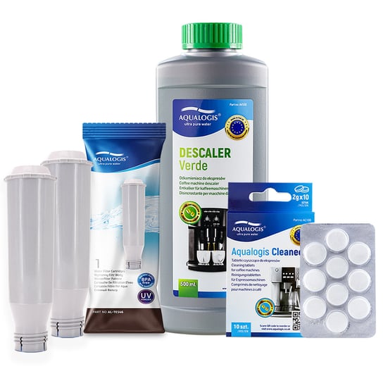 Zestaw Krups - Filtr AL-TES46 2szt, Odkamieniacz Aqualogis Verde 500ml, Tabletki Czyszczące Aqualogis Cleaneo 10 szt. Aqualogis