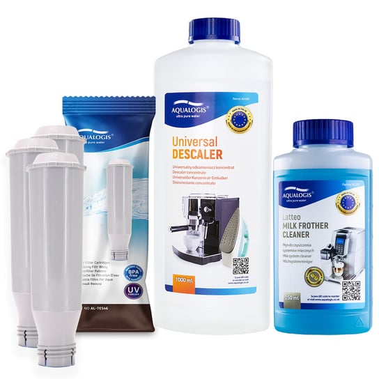 Zestaw Krups - Filtr AL-TES46 3szt, Uniwersalny Odkamieniacz Aqualogis 1L, Płyn Czyszczący System Mleczny Aqualogis Latteo 250ml Aqualogis