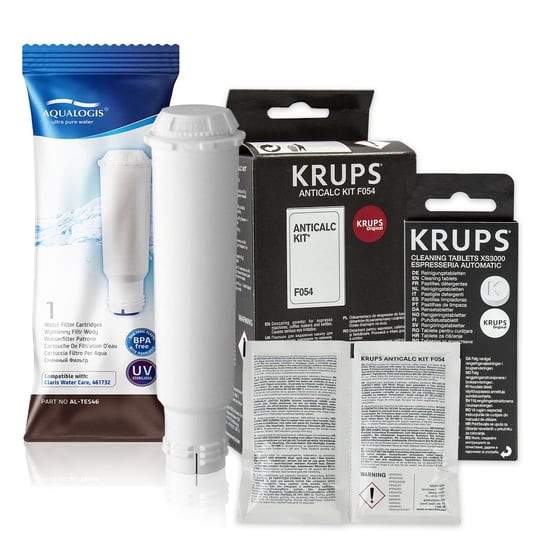 Zestaw Krups filtr AL-TES46, Odkamieniacz Krups F054, Tabletki Odtłuszczające KRUPS XS3000 10 szt. Aqualogis