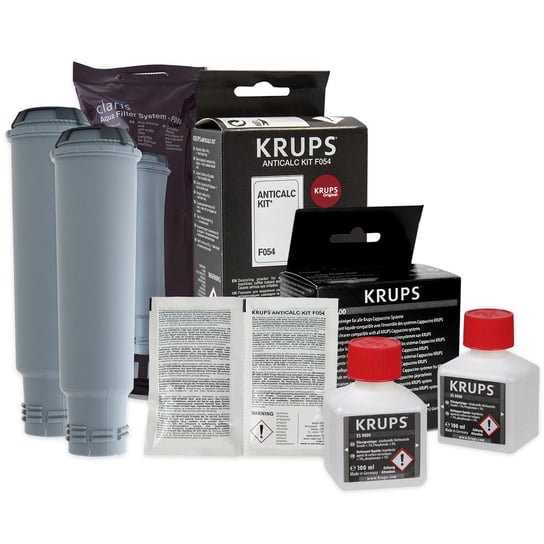Zestaw Krups filtr KRUPS F08801 2szt, Odkamieniacz Krups F054, Krups XS9000 Płyn Aqualogis