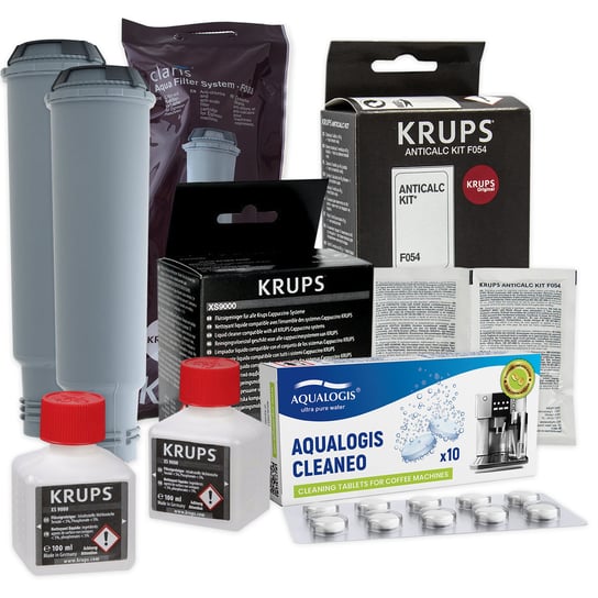 Zestaw Krups filtr KRUPS F08801 2szt, Odkamieniacz Krups F054, Krups XS9000 Płyn, Cleaneo 10szt Aqualogis