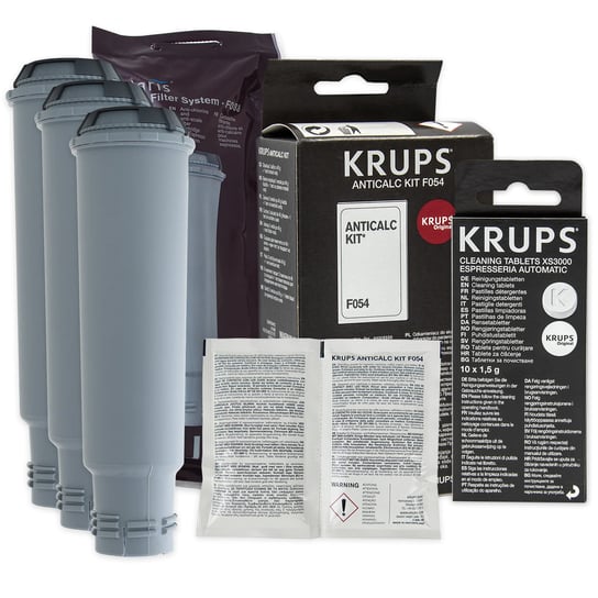 Zestaw Krups Filtr KRUPS F08801 3szt, Odkamieniacz Krups F054, Tabletki KRUPS XS3000 10szt, Aqualogis