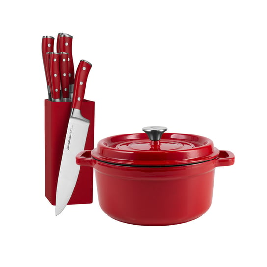 Zestaw kucharza: zestaw 7 noży kuchennych ze stojakiem i retro garnek żeliwny z pokrywką 4,3 L Vintage Cuisine - czerwony Vintage Cuisine