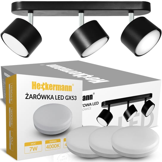 Zestaw Lampa punktowa LED Heckermann 8795316A Czarna 3x głowica + 3x Żarówka LED Heckermann GX53 7W Neutral Heckermann