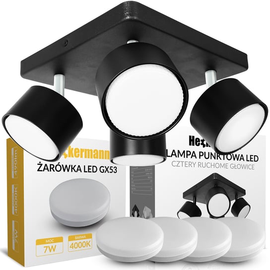 Zestaw Lampa punktowa LED Heckermann 8795318A Czarna 4x głowica + 4x Żarówka LED Heckermann GX53 7W Neutral Heckermann