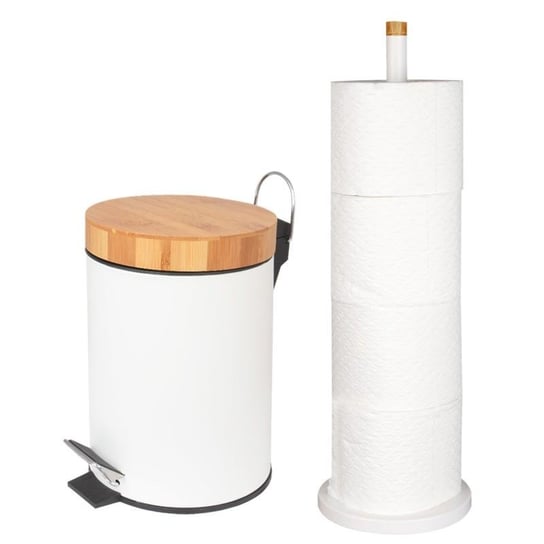 Zestaw łazienkowy 2-elementowy - kosz na śmieci i stojak na papier - biały bambus - Yoka Yoka Home