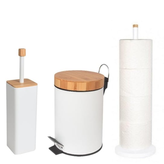Zestaw łazienkowy 3-elementowy - kosz na śmieci, szczotka WC i stojak na papier - biały bambus - Yoka Yoka Home
