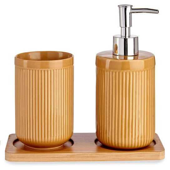 Zestaw łazienkowy ceramiczny na bambusowej podstawce, dozownik + kubek BERILO
