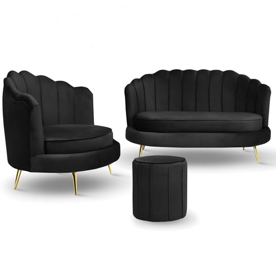 Zestaw LIVIA: sofa, fotel muszelka i pufa w kolorze czarnym POSTERGALERIA