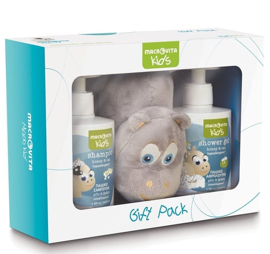 ZESTAW MACROVITA KIDS: naturalny szampon dla dzieci 300ml + naturalny żel pod prysznic dla dzieci 300ml pluszowy hipopotamek przytulanka Macrovita