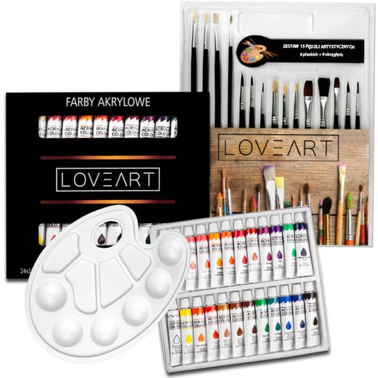 ZESTAW MALARSKI farby akrylowe LOVEART 24x12 ml + 15 pędzli + paletka 40el. Loveart