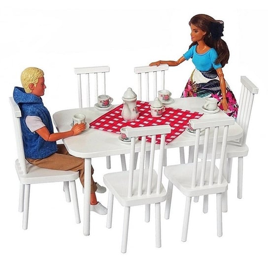 Zestaw Mebelki drewniane dla lalek Barbie : stół 6 osobowy + bieżnik + 6 krzeseł w stylu VINTAGE 8 el. PINO