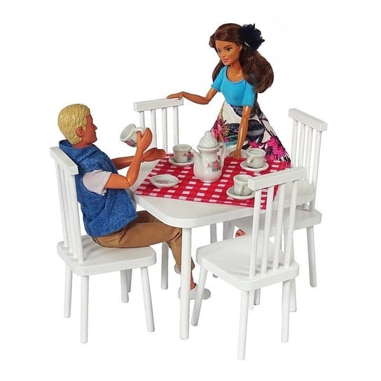 Zestaw Mebelki drewniane dla lalek : stół 4 osobowy + bieżnik + 4 krzesła w stylu VINTAGE 6 el. PINO